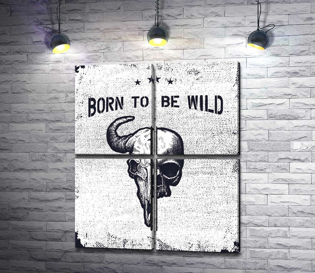 модульная картина Соединение черепов человека и быка под фразой "born to be wild" (Модуль №25)