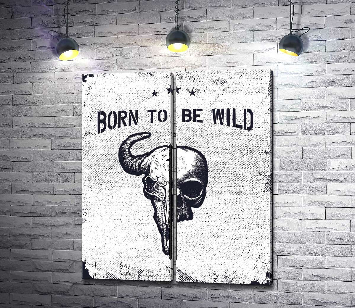 модульная картина Соединение черепов человека и быка под фразой "born to be wild"
