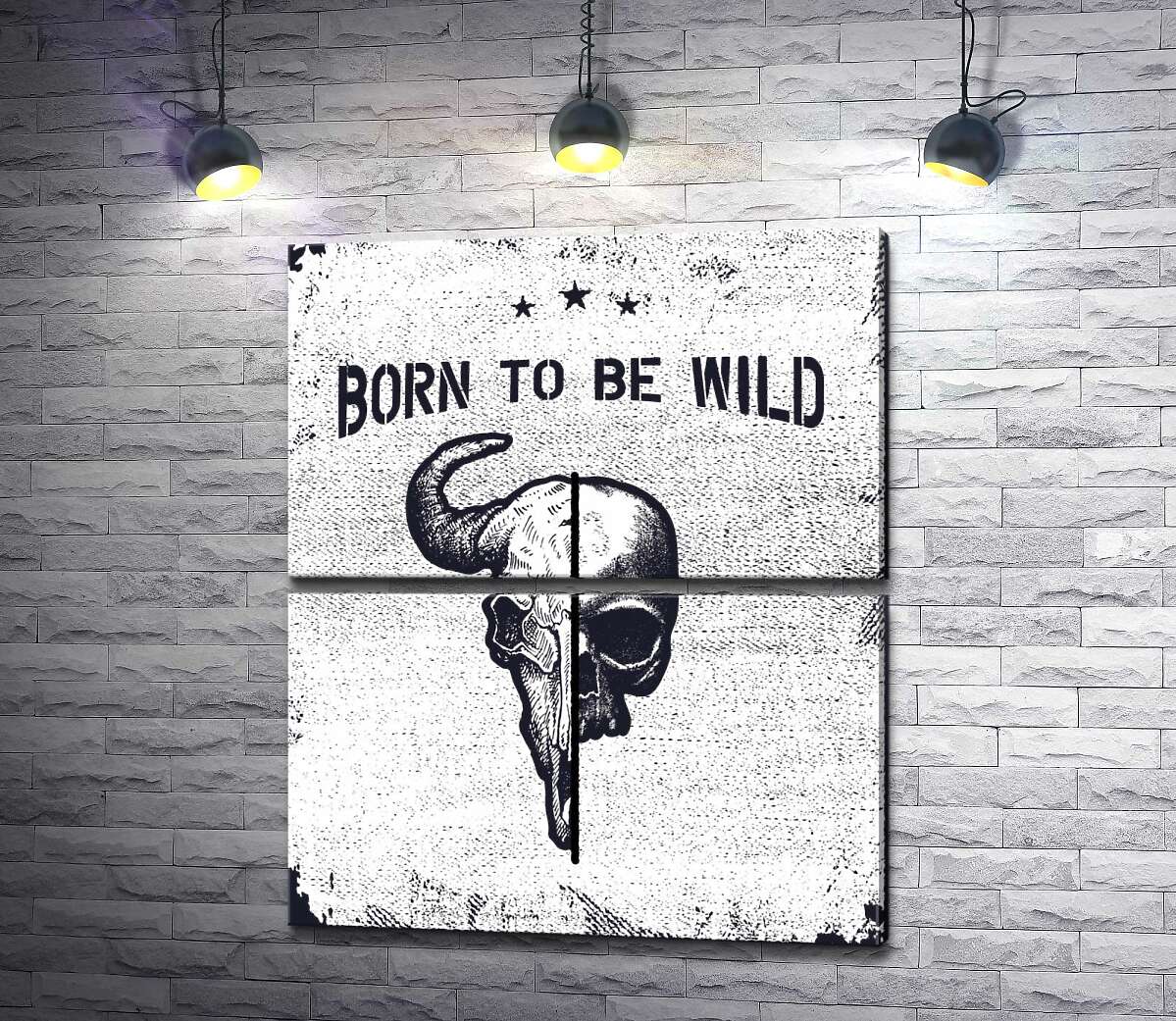 модульная картина Соединение черепов человека и быка под фразой "born to be wild" (Модуль №7)