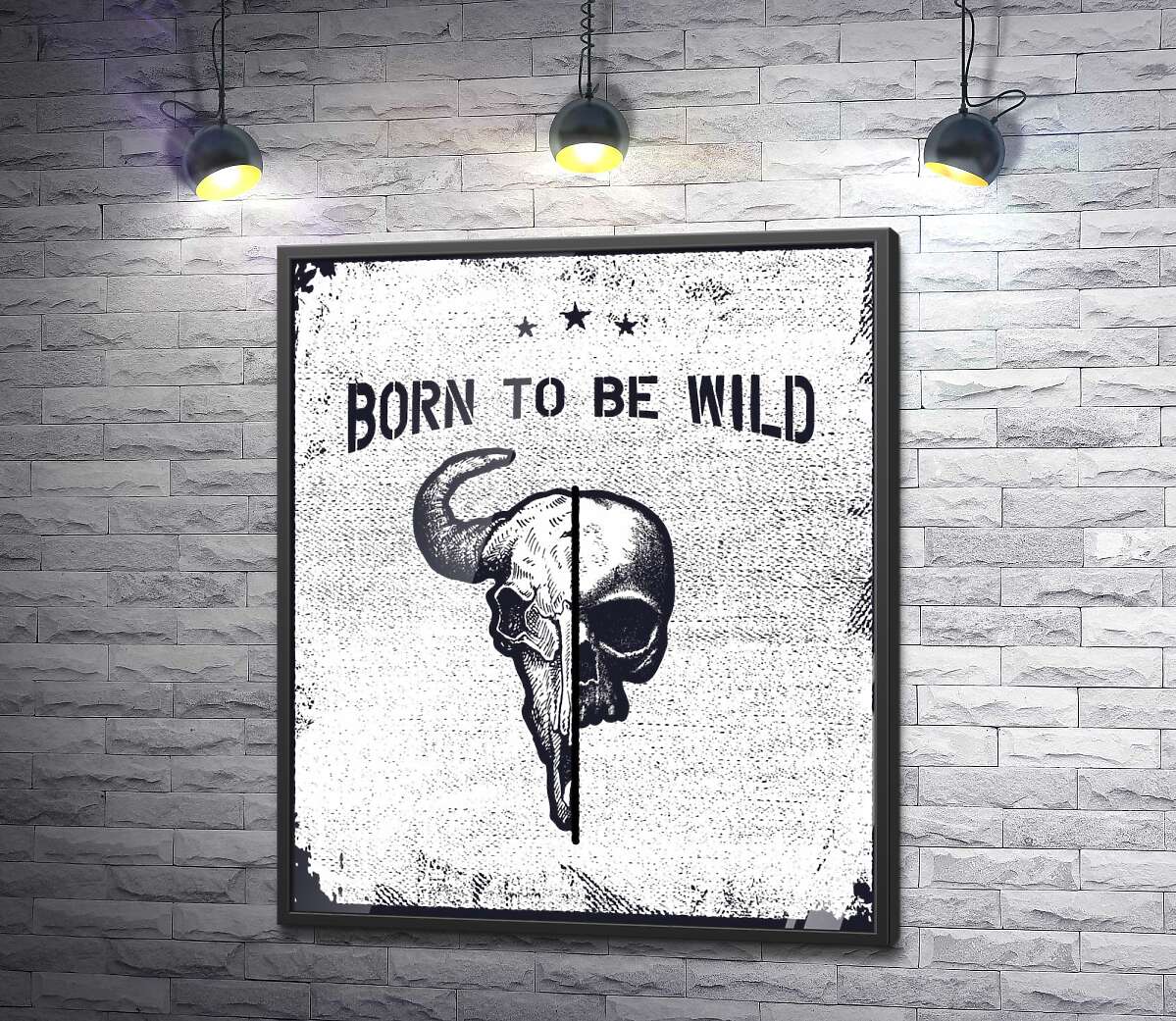 постер Єднання черепів людини та бика під фразою "born to be wild"