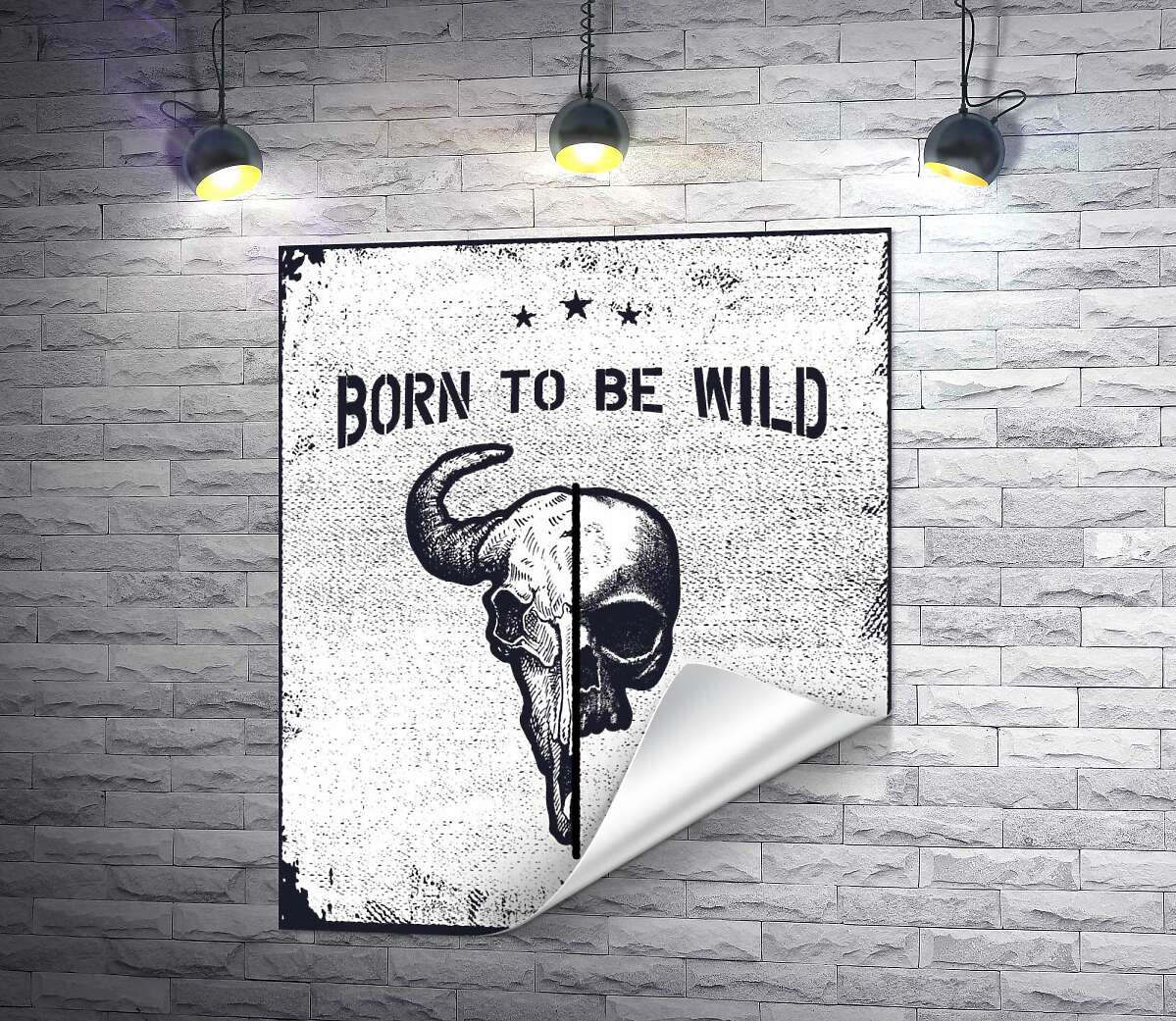 друк Єднання черепів людини та бика під фразою "born to be wild"