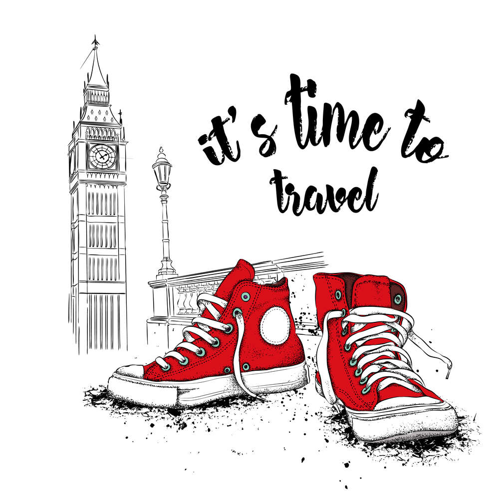 картина-постер Красные кеды рядом с Биг Беном и надписью "it's time to travel"