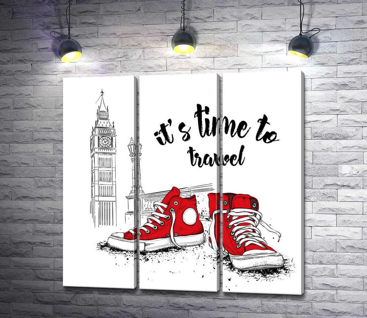 модульна картина Червоні кеди поряд з Біг Беном та написом "it's time to travel"