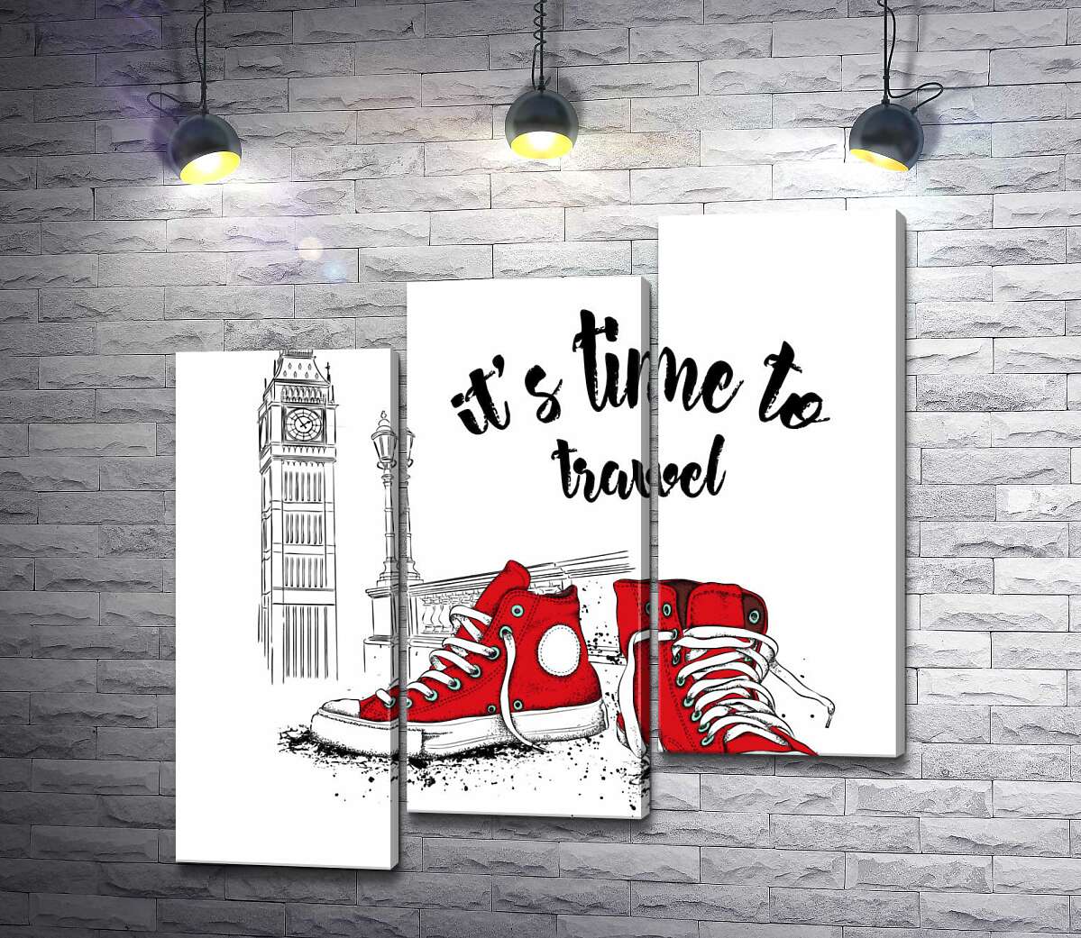 модульная картина Красные кеды рядом с Биг Беном и надписью "it's time to travel" (Модуль №14)