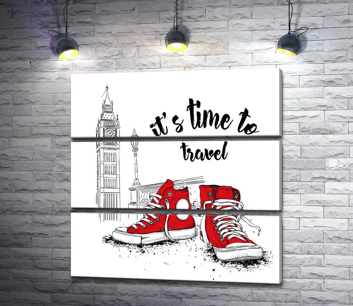 модульна картина Червоні кеди поряд з Біг Беном та написом "it's time to travel" (Модуль №15)