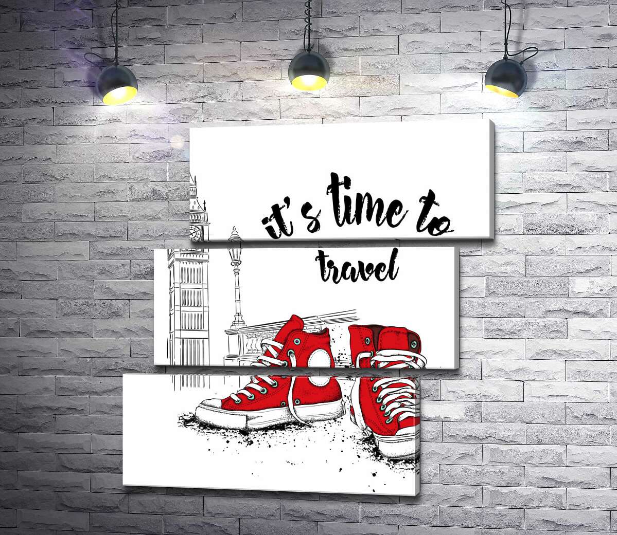 модульна картина Червоні кеди поряд з Біг Беном та написом "it's time to travel" (Модуль №17)