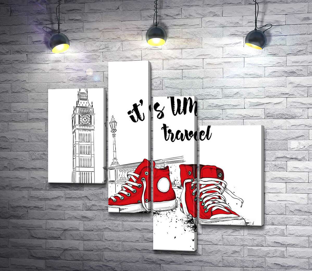 модульная картина Красные кеды рядом с Биг Беном и надписью "it's time to travel" (Модуль №21)