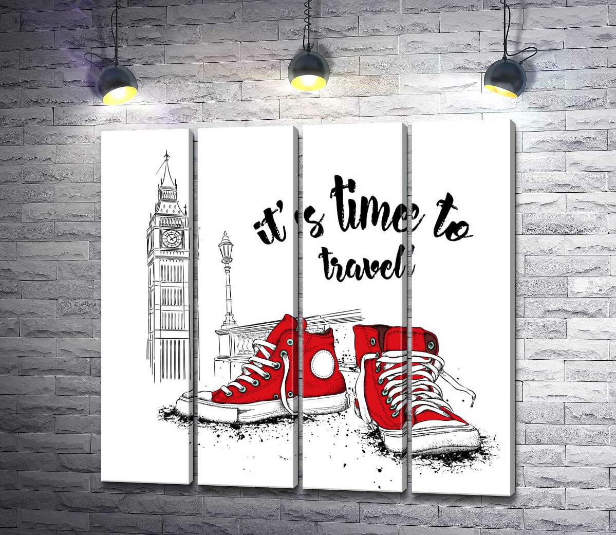 модульная картина Красные кеды рядом с Биг Беном и надписью "it's time to travel" (Модуль №24)