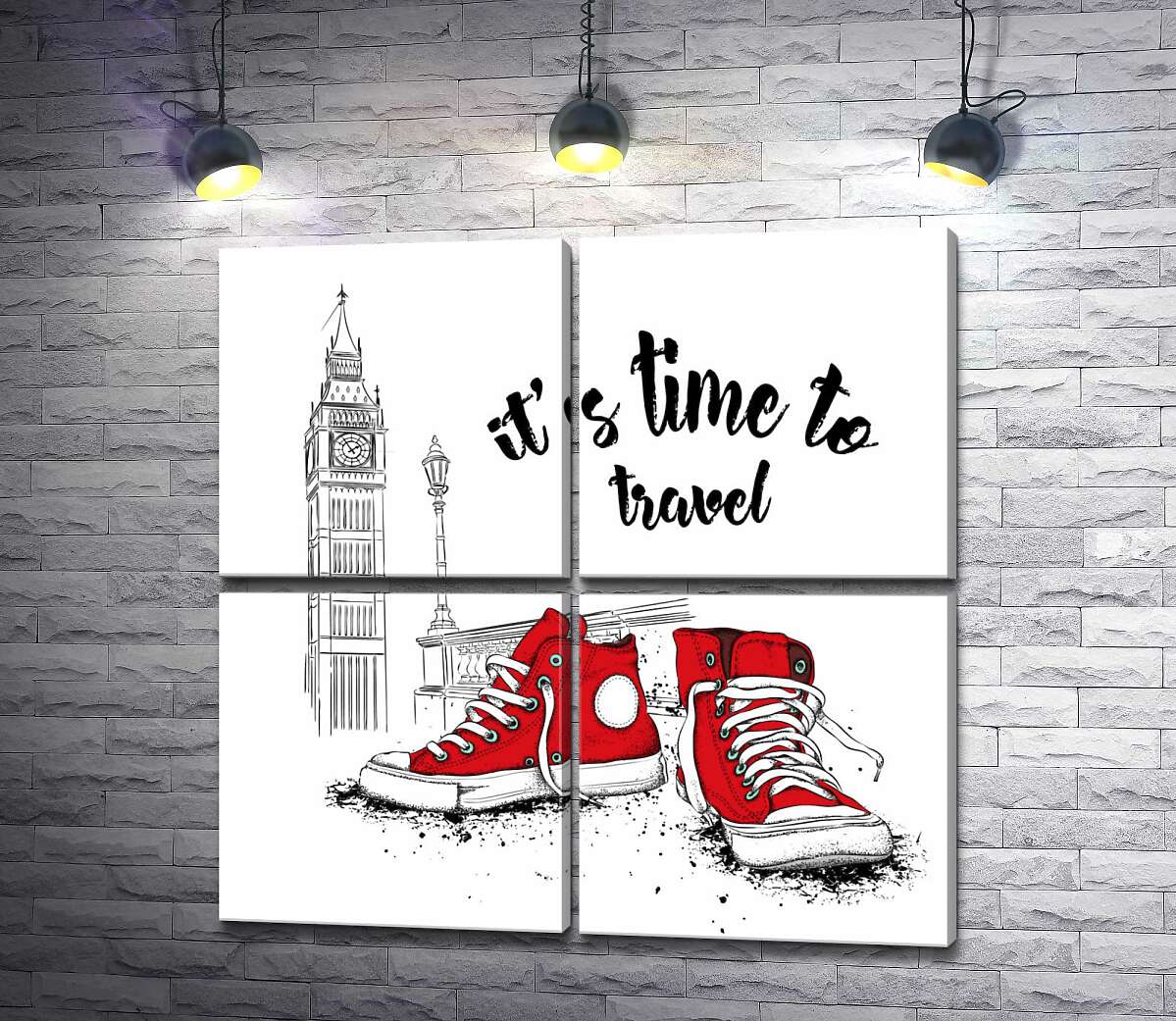 модульная картина Красные кеды рядом с Биг Беном и надписью "it's time to travel" (Модуль №25)