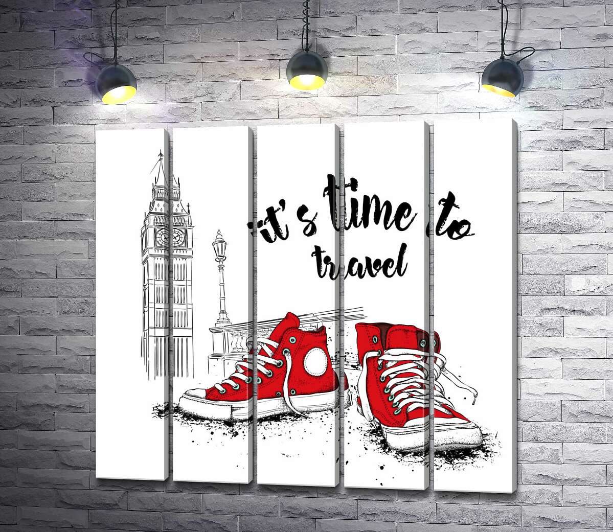 модульна картина Червоні кеди поряд з Біг Беном та написом "it's time to travel" (Модуль №26)