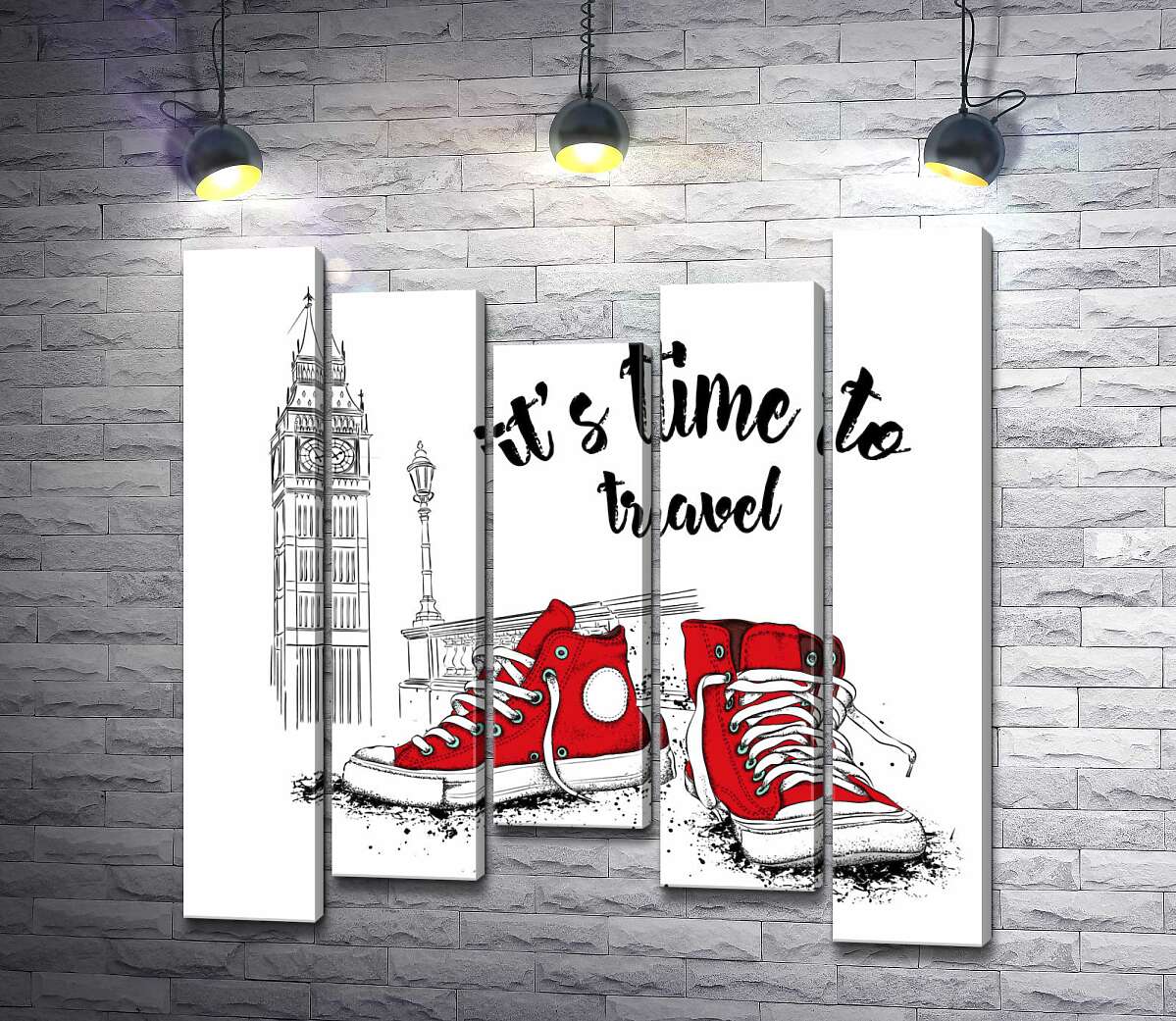 модульна картина Червоні кеди поряд з Біг Беном та написом "it's time to travel" (Модуль №27)