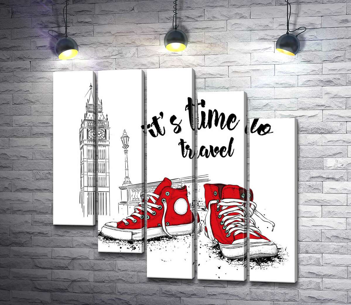 модульная картина Красные кеды рядом с Биг Беном и надписью "it's time to travel" (Модуль №28)