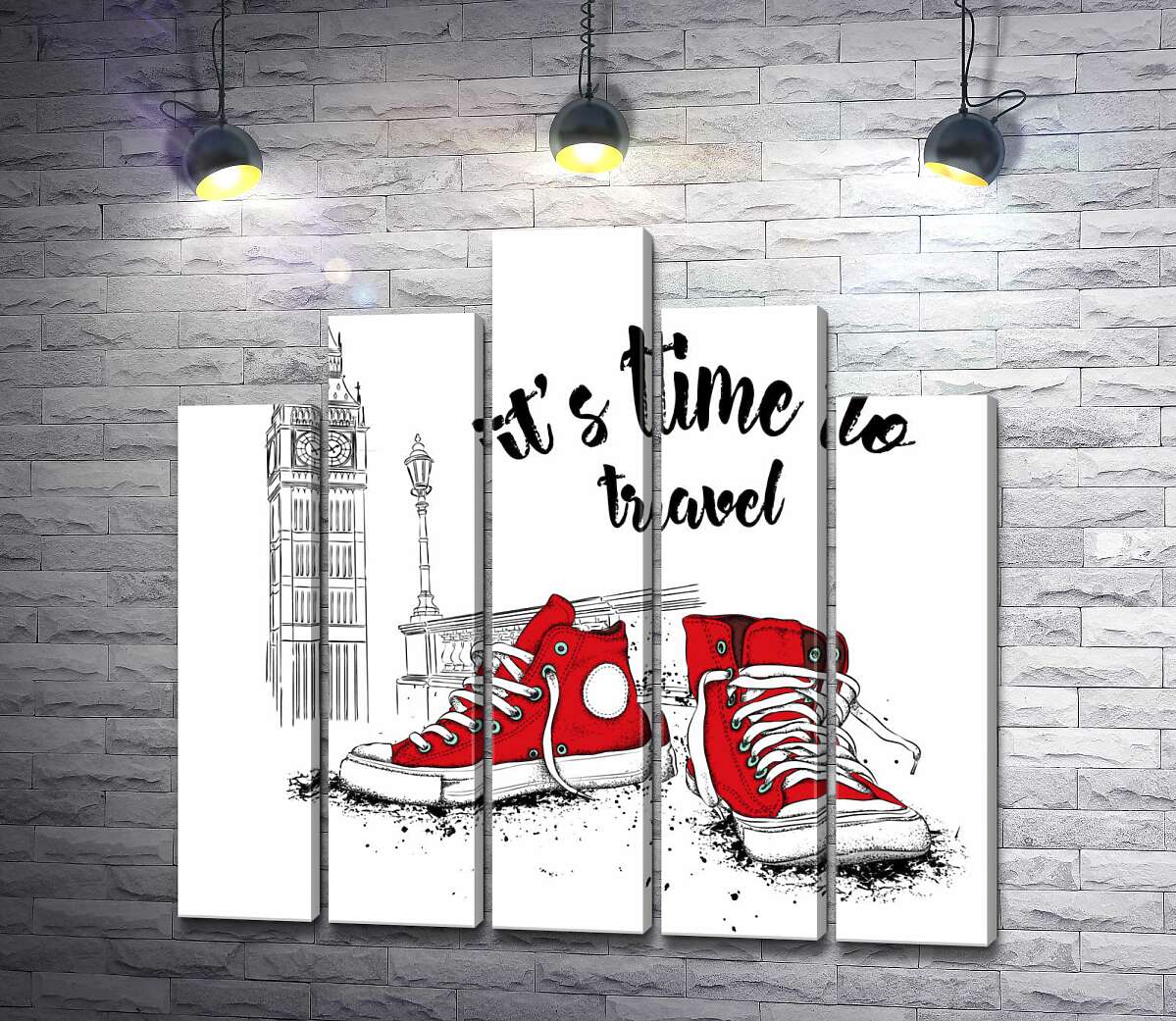 модульная картина Красные кеды рядом с Биг Беном и надписью "it's time to travel" (Модуль №29)