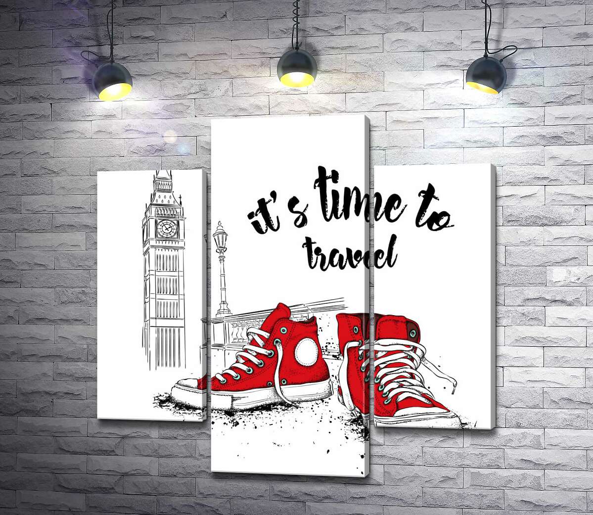 модульна картина Червоні кеди поряд з Біг Беном та написом "it's time to travel" (Модуль №10)