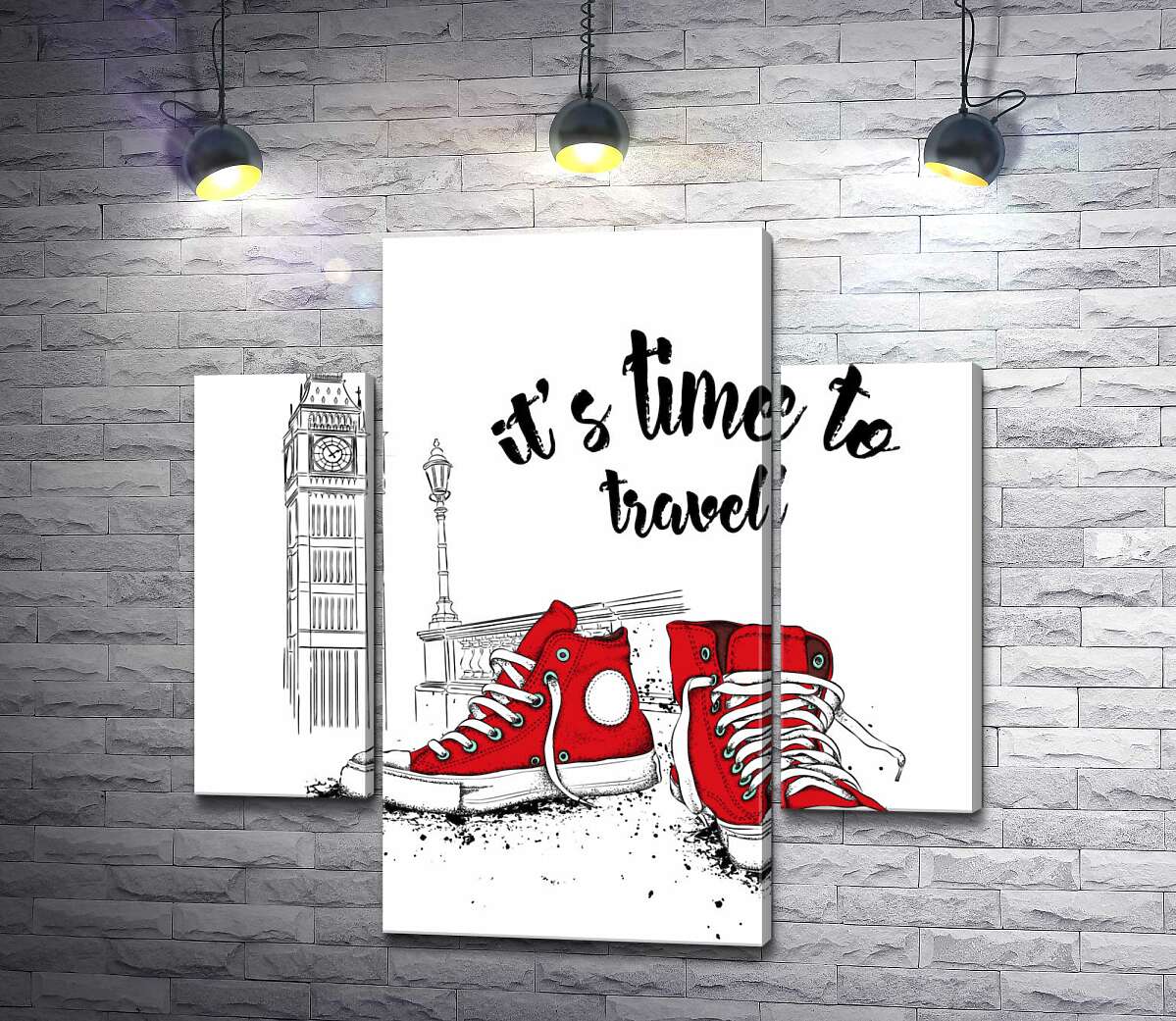 модульна картина Червоні кеди поряд з Біг Беном та написом "it's time to travel" (Модуль №5)