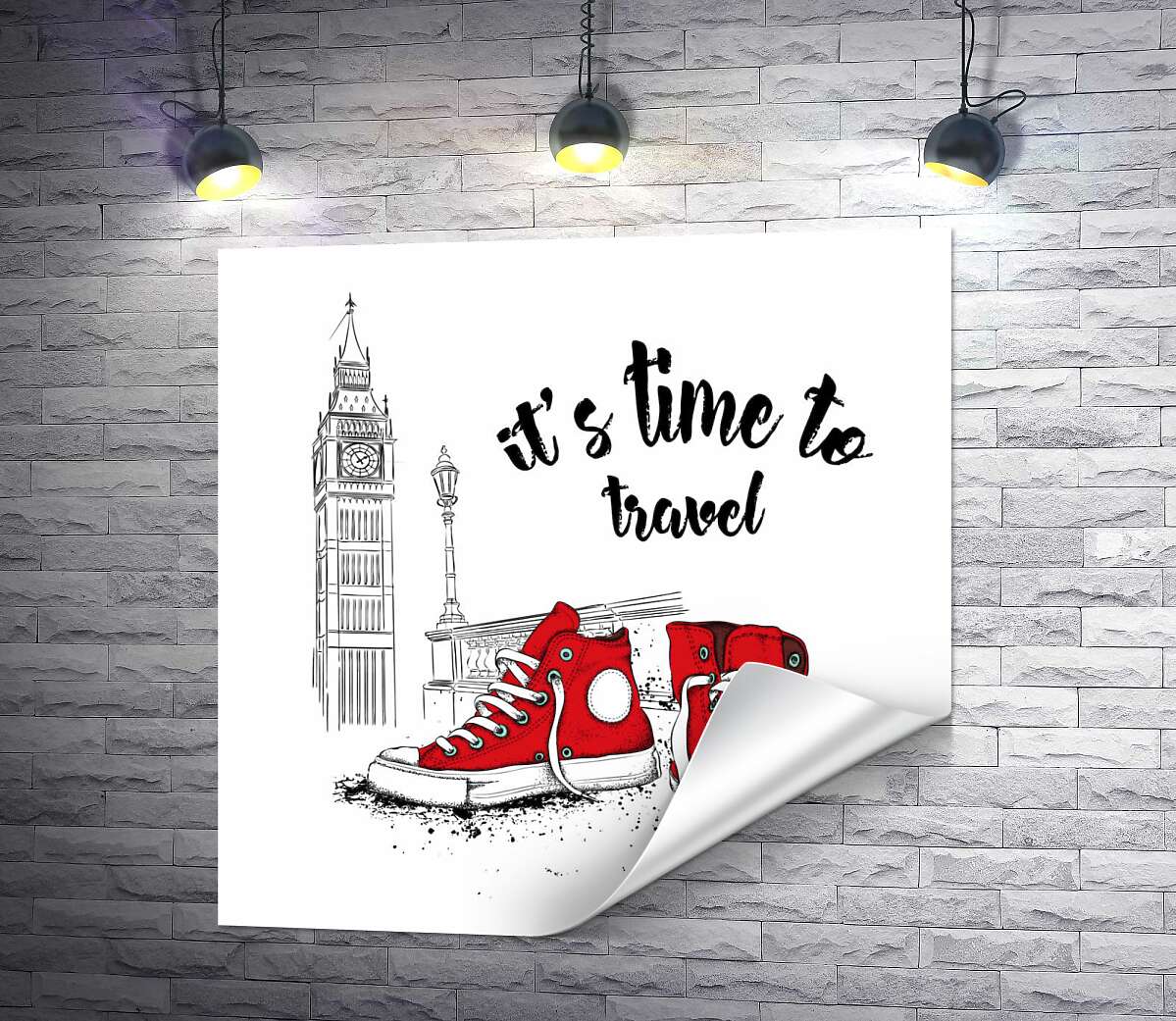 печать Красные кеды рядом с Биг Беном и надписью "it's time to travel"