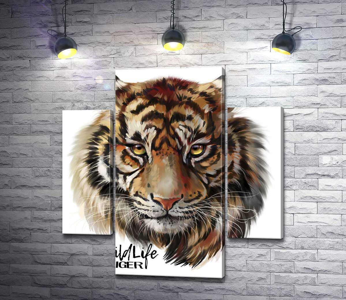 модульна картина Пронизливий погляд тигра поряд з написом "wild life tiger" (Модуль №5)