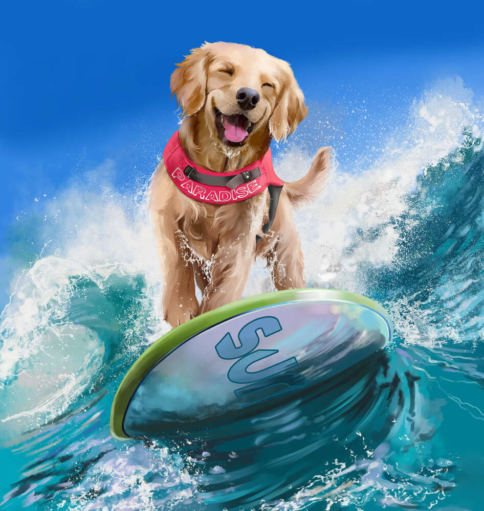 картина-постер Золотистий ретривер ловить хвилю на серфі
