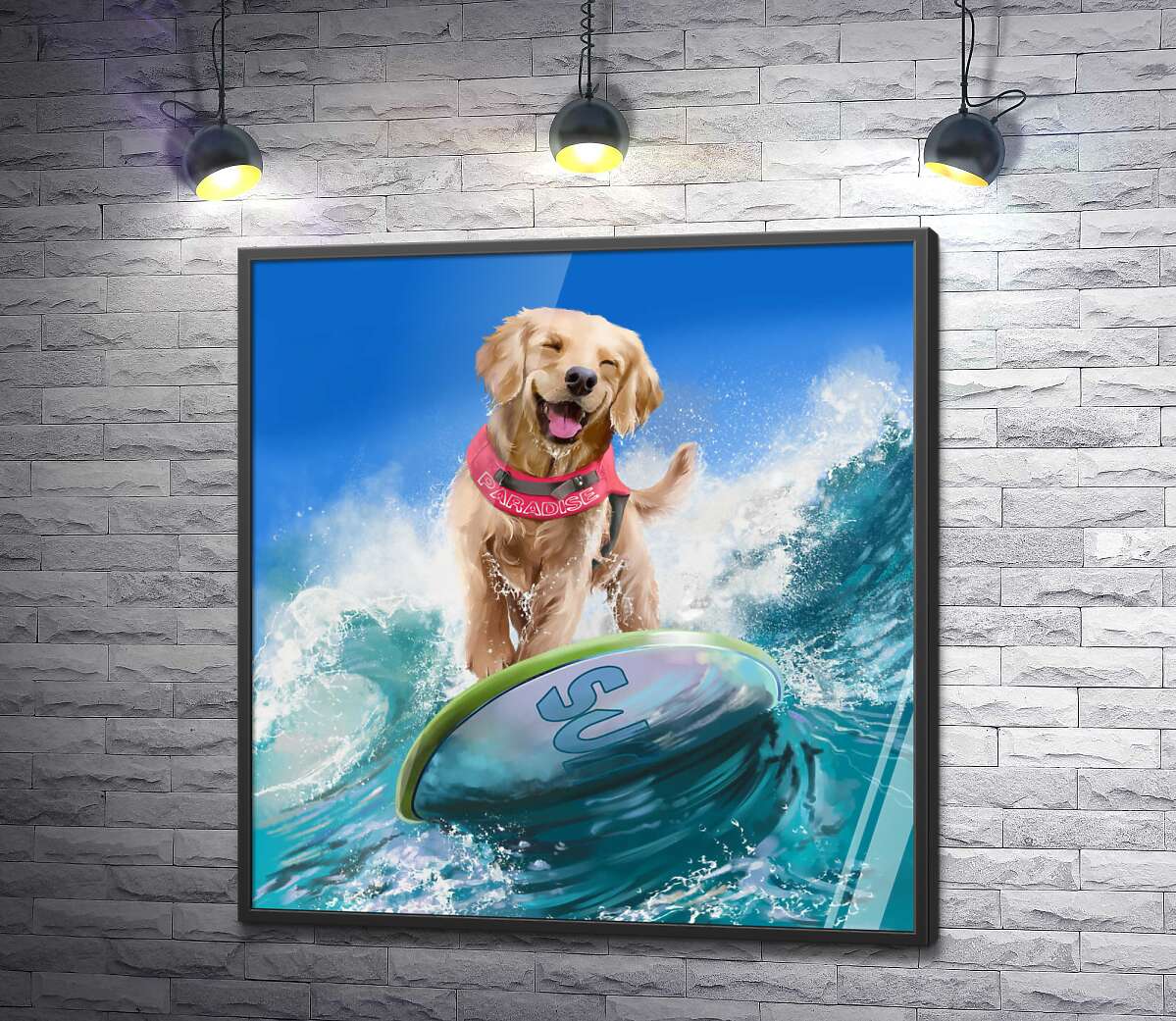 постер Золотистий ретривер ловить хвилю на серфі