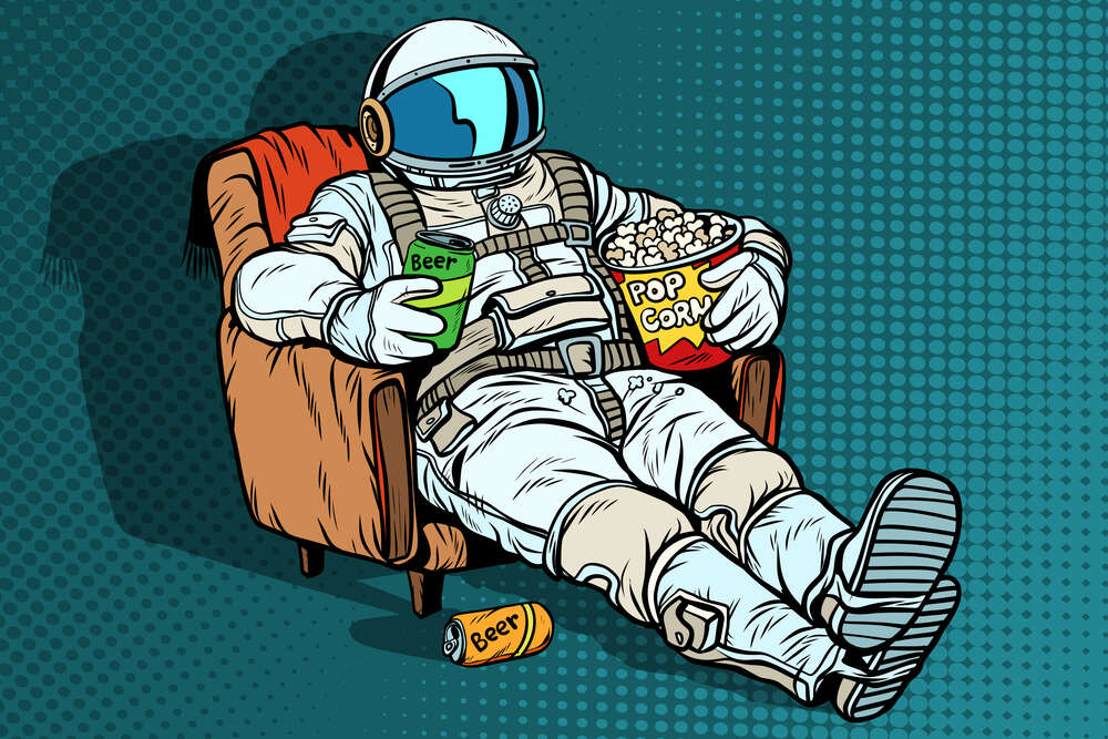 картина-постер Космонавт расслабляется в кресле с пивом и попкорном
