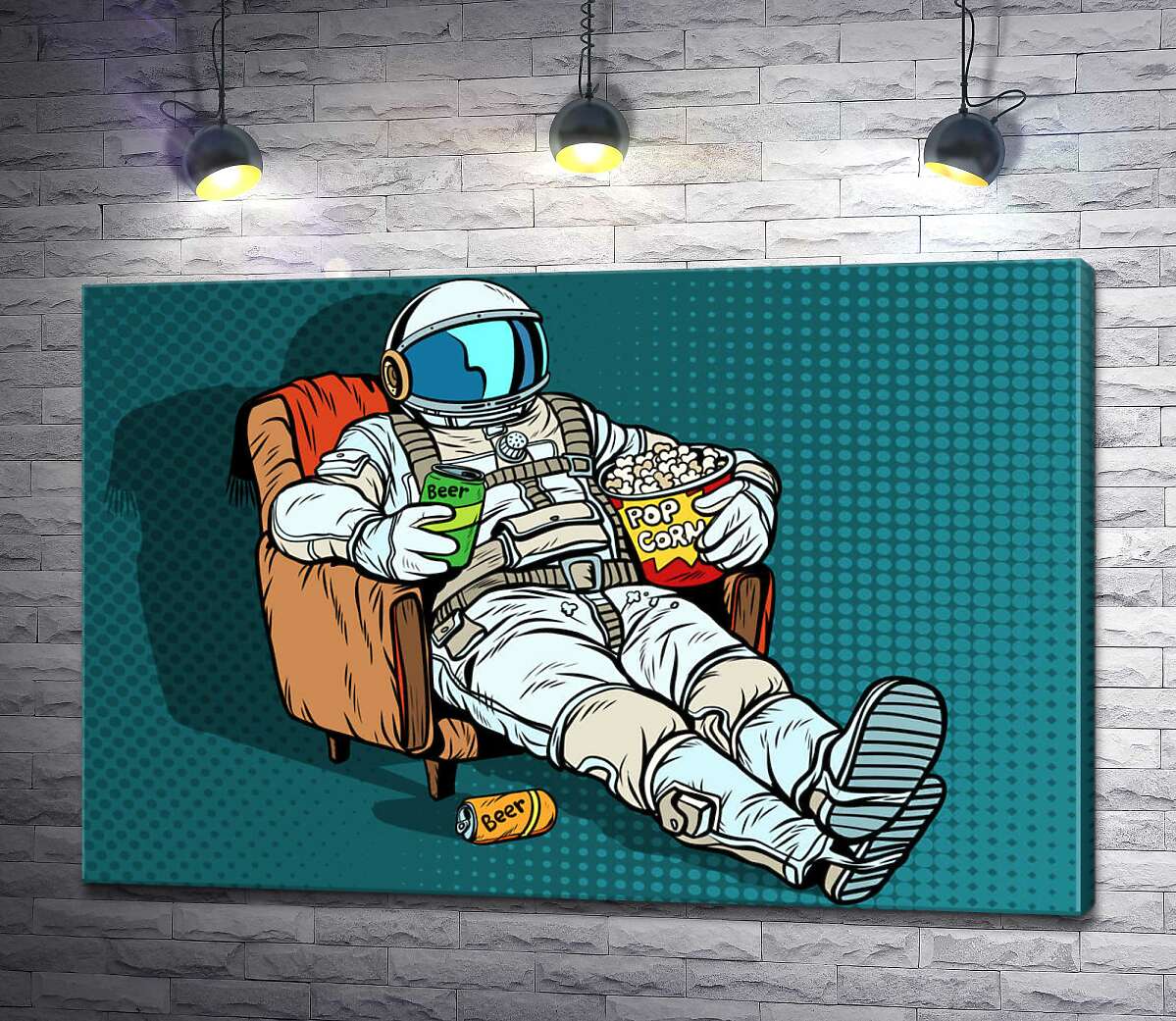 картина Космонавт розслабляється в кріслі з пивом та попкорном