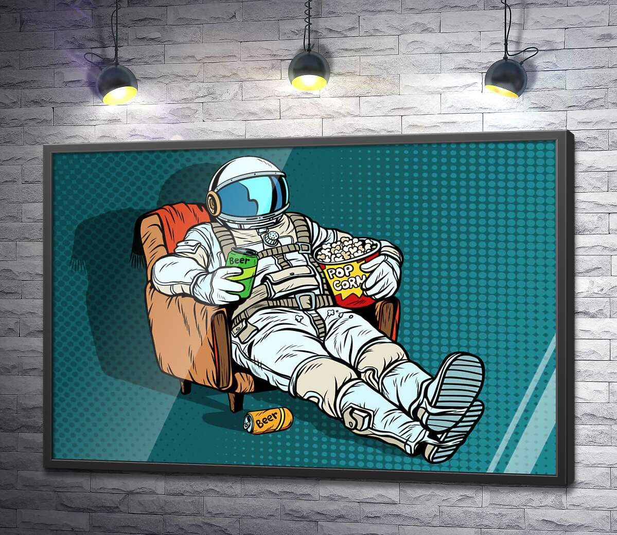 постер Космонавт розслабляється в кріслі з пивом та попкорном