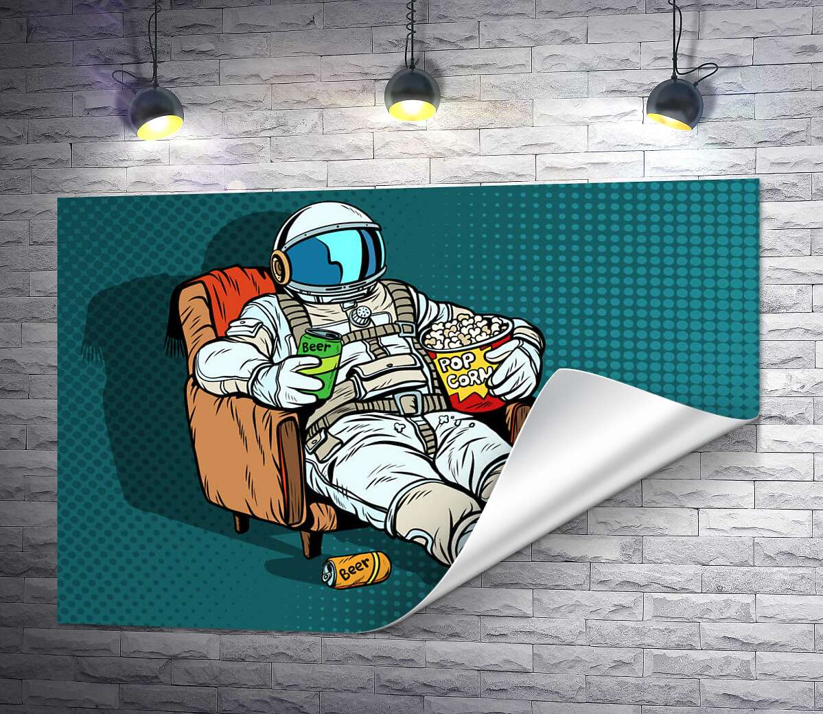 друк Космонавт розслабляється в кріслі з пивом та попкорном