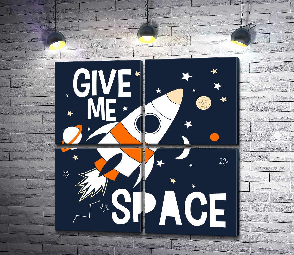 модульная картина Ракета пролетает между словами "give me space" (Модуль №25)