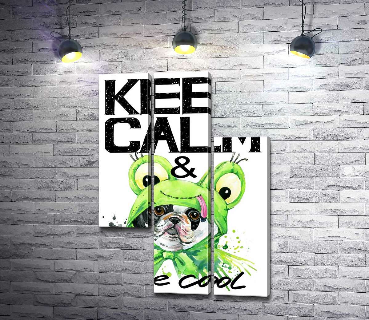 модульна картина Костюм зеленої жаби на мопсі біля фрази "keep calm and be cool" (Модуль №13)