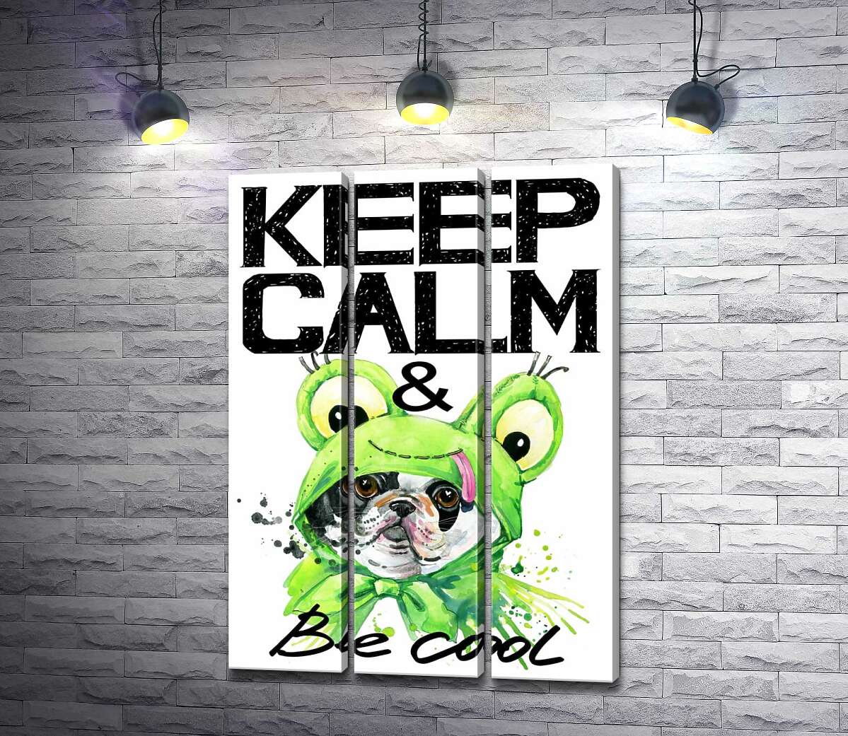 модульна картина Костюм зеленої жаби на мопсі біля фрази "keep calm and be cool"
