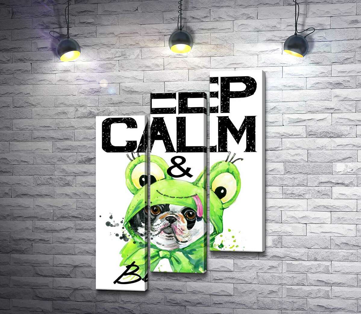 модульна картина Костюм зеленої жаби на мопсі біля фрази "keep calm and be cool" (Модуль №14)