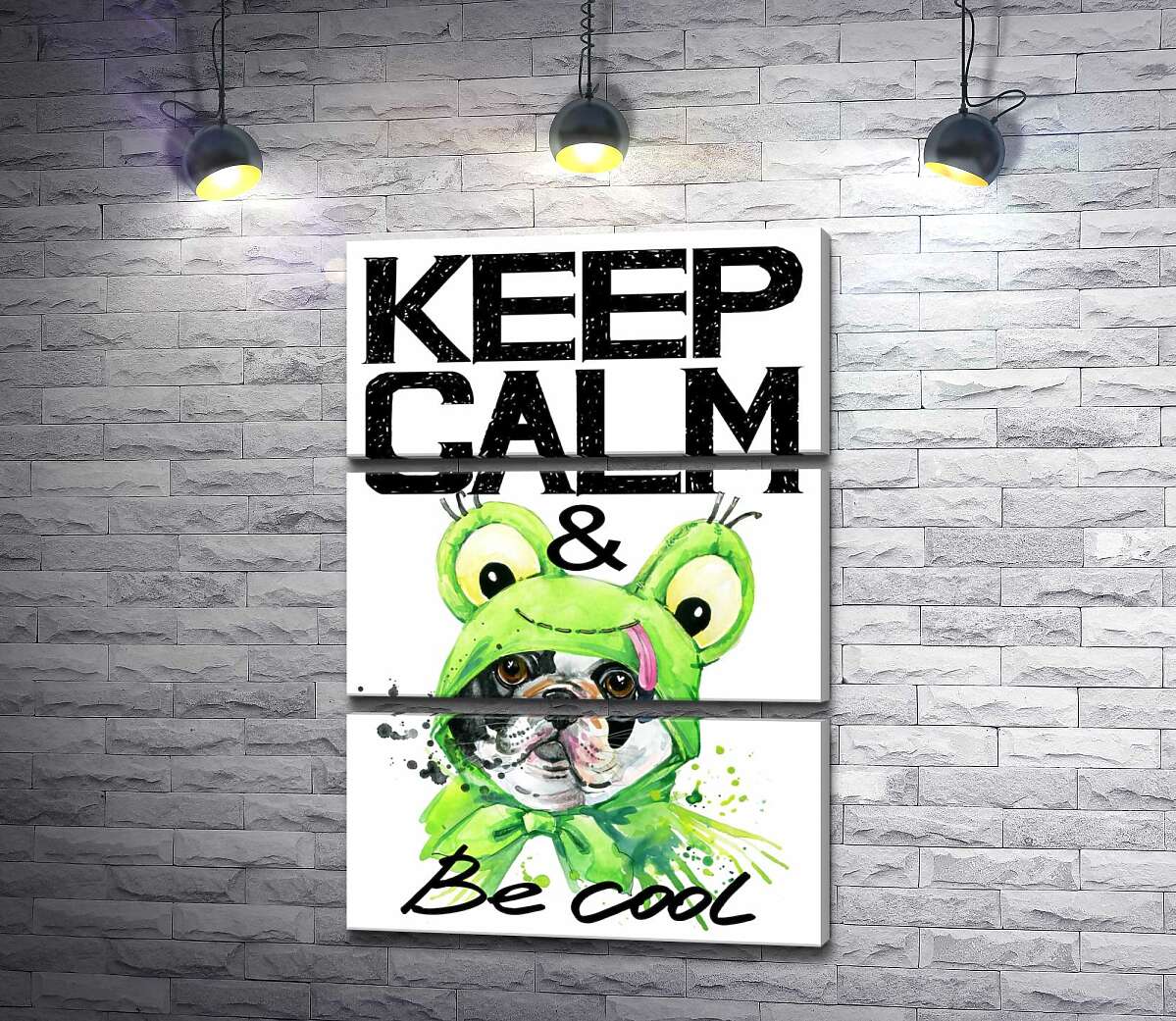 модульна картина Костюм зеленої жаби на мопсі біля фрази "keep calm and be cool" (Модуль №15)