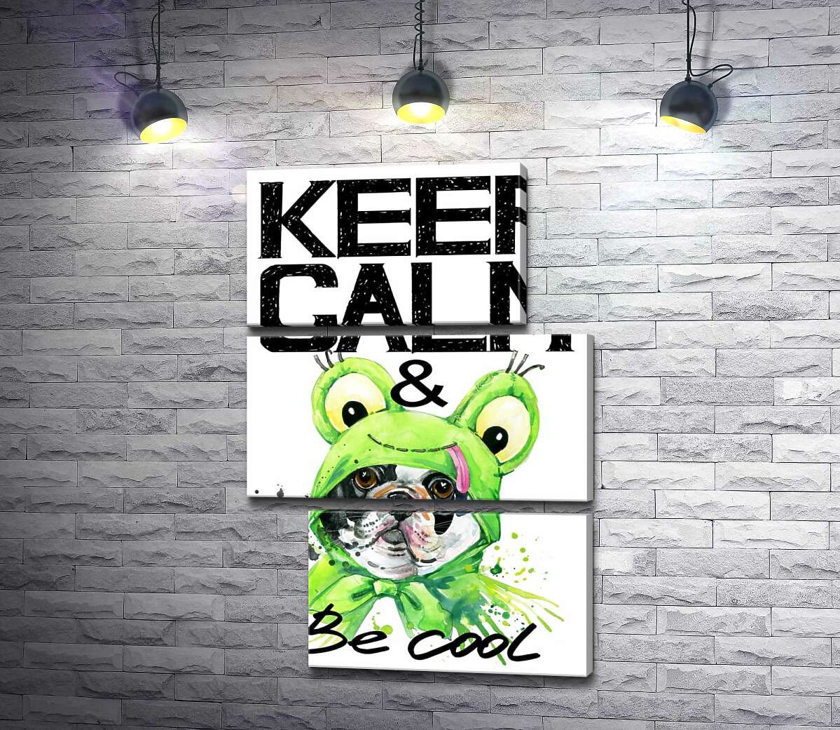 модульная картина Костюм зеленой лягушки на мопсе возле фразы "keep calm and be cool" (Модуль №16)