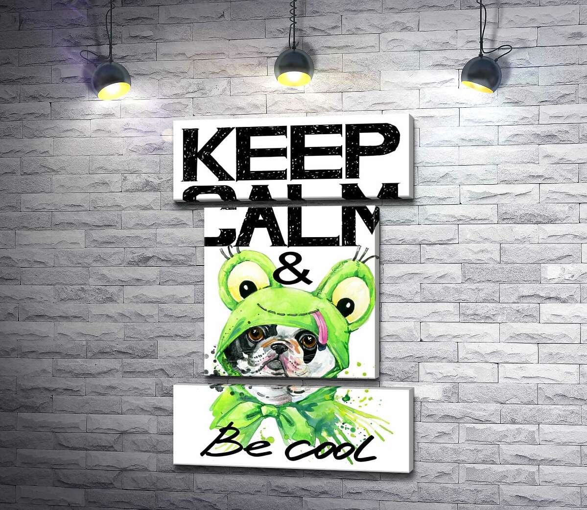 модульна картина Костюм зеленої жаби на мопсі біля фрази "keep calm and be cool" (Модуль №18)