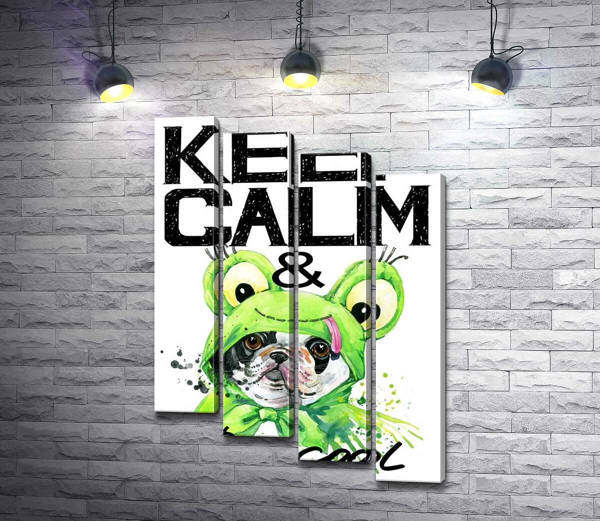 модульна картина Костюм зеленої жаби на мопсі біля фрази "keep calm and be cool" (Модуль №19)