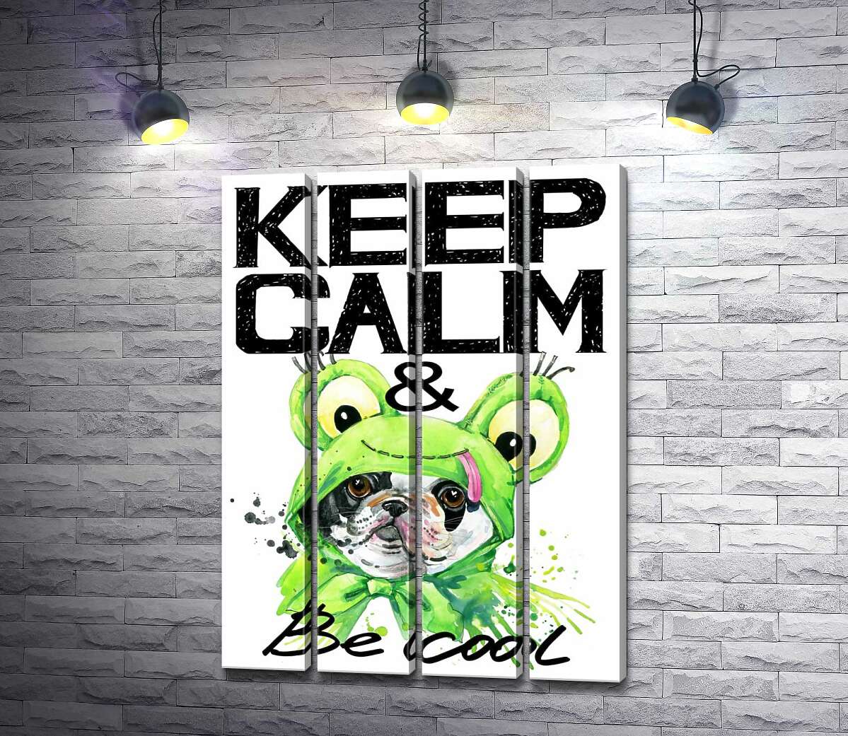 модульная картина Костюм зеленой лягушки на мопсе возле фразы "keep calm and be cool" (Модуль №24)