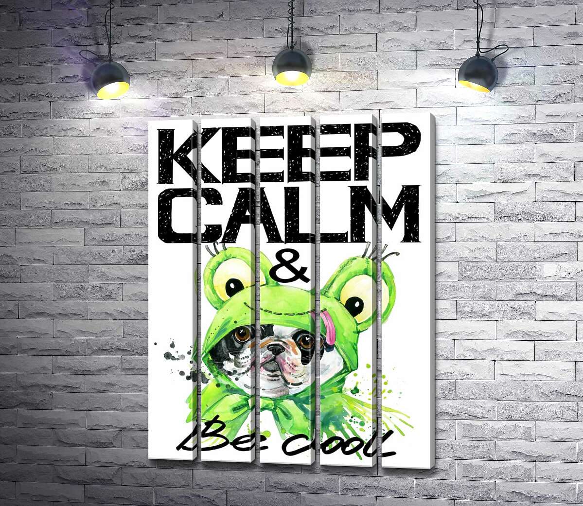 модульна картина Костюм зеленої жаби на мопсі біля фрази "keep calm and be cool" (Модуль №26)