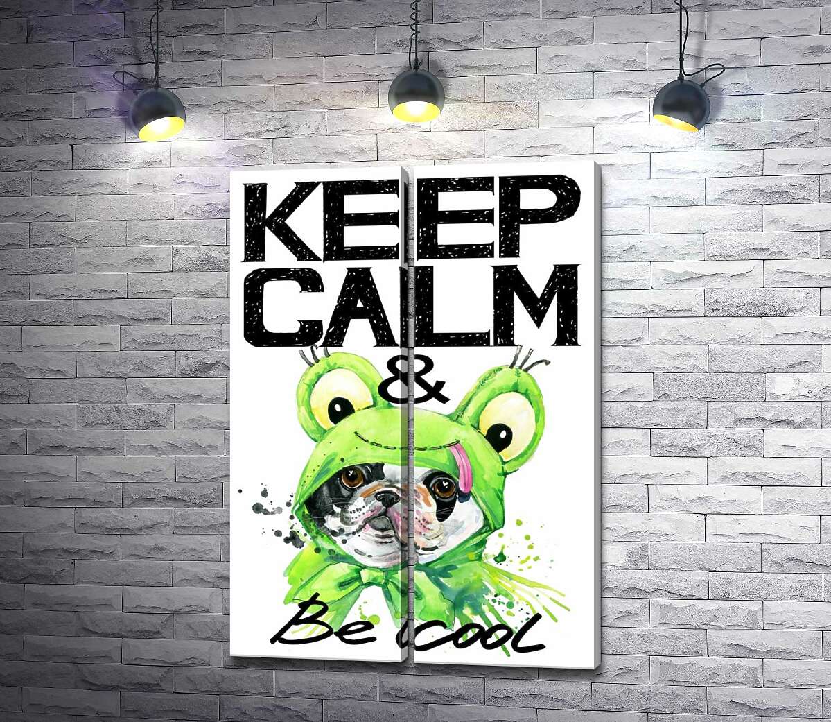 модульная картина Костюм зеленой лягушки на мопсе возле фразы "keep calm and be cool"