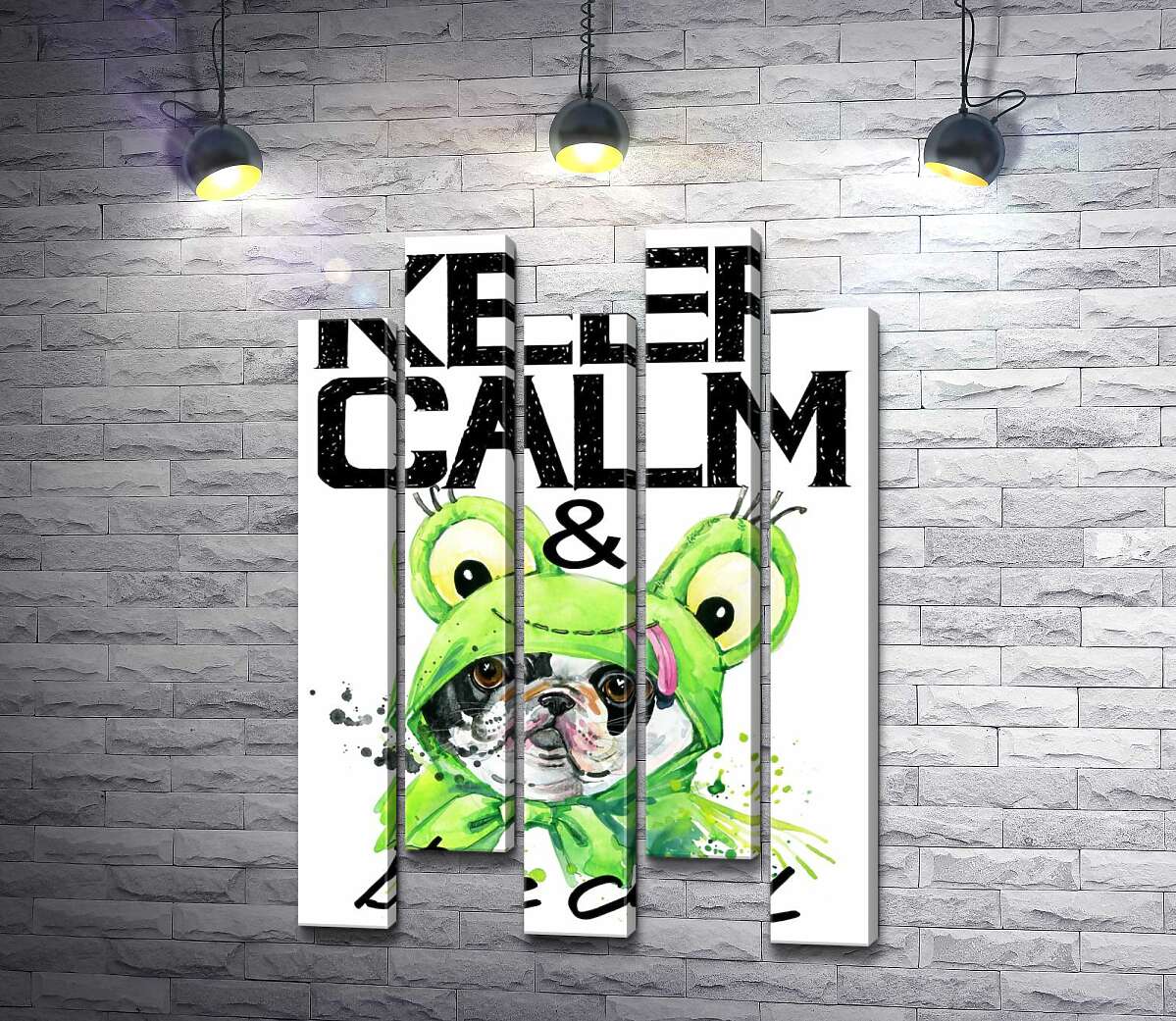 модульная картина Костюм зеленой лягушки на мопсе возле фразы "keep calm and be cool" (Модуль №30)