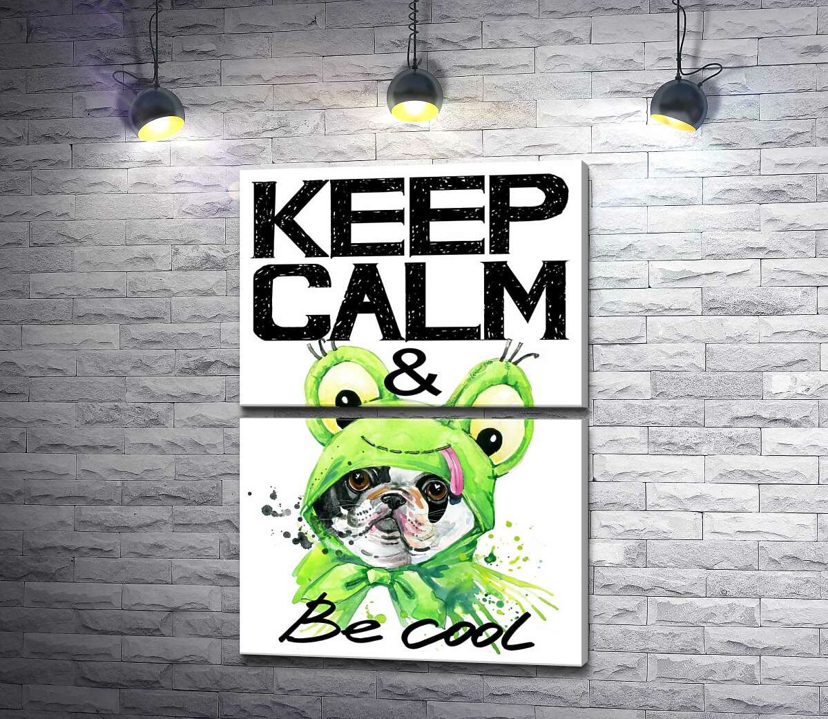 модульна картина Костюм зеленої жаби на мопсі біля фрази "keep calm and be cool" (Модуль №7)
