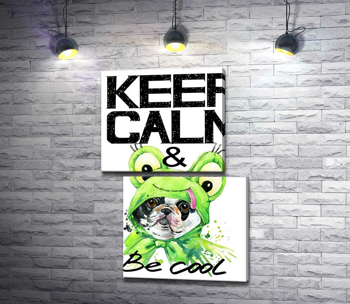 модульна картина Костюм зеленої жаби на мопсі біля фрази "keep calm and be cool" (Модуль №8)