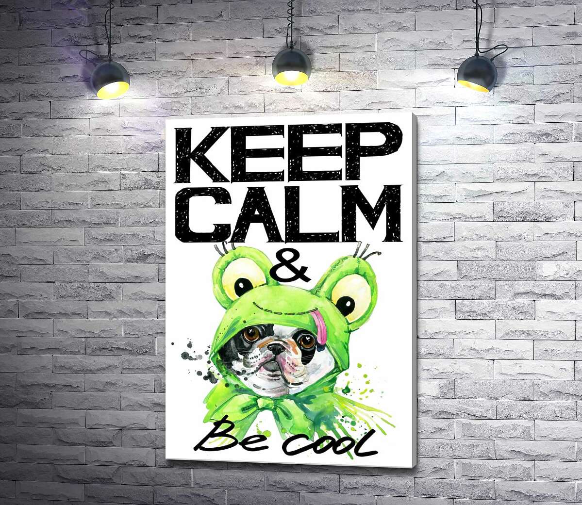 картина Костюм зеленой лягушки на мопсе возле фразы "keep calm and be cool"