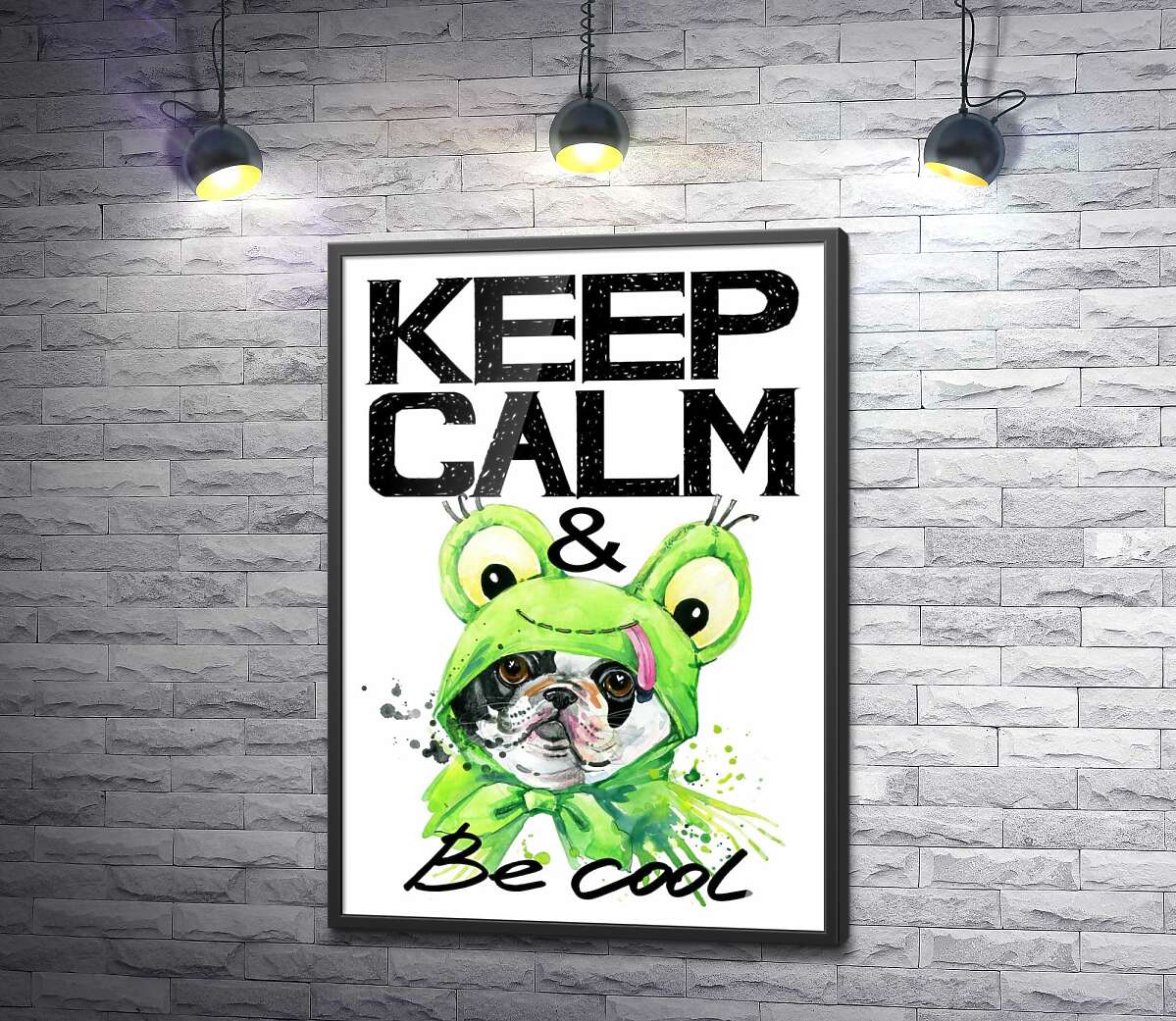 постер Костюм зеленої жаби на мопсі біля фрази "keep calm and be cool"