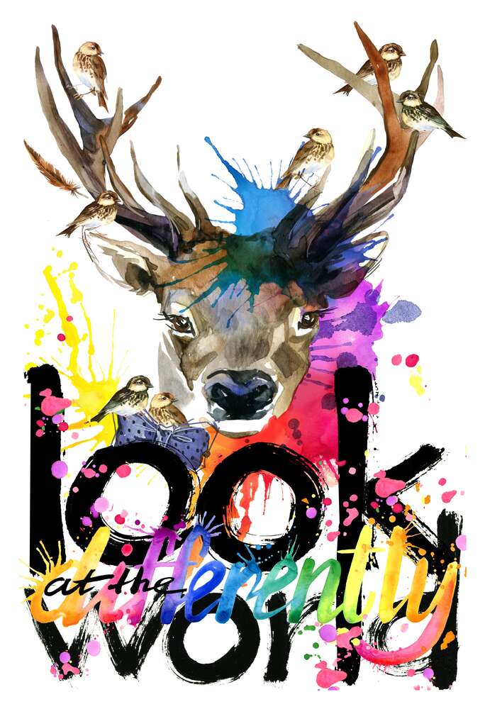 картина-постер Стайка воробьев окружила благородного оленя и цветную фразу "look at the world differently"
