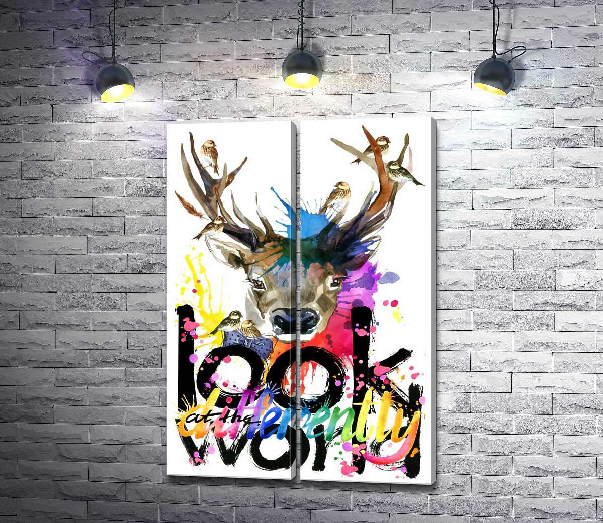 модульная картина Стайка воробьев окружила благородного оленя и цветную фразу "look at the world differently"
