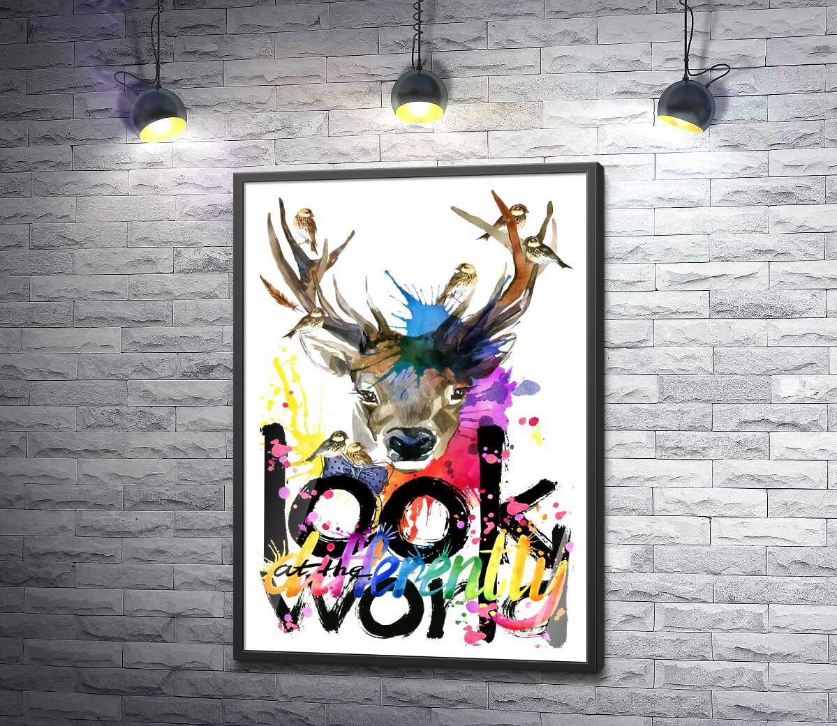 постер Стайка воробьев окружила благородного оленя и цветную фразу "look at the world differently"
