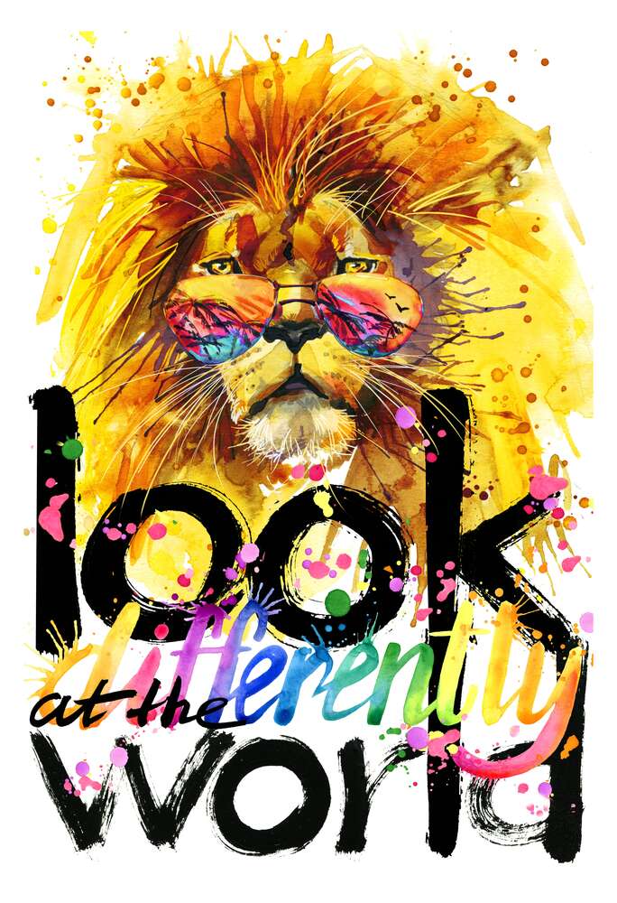 картина-постер Тропический лев с фразой "look at the world differently"