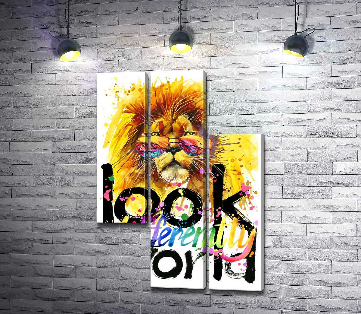 модульна картина Тропічний лев з фразою "look at the world differently" (Модуль №13)