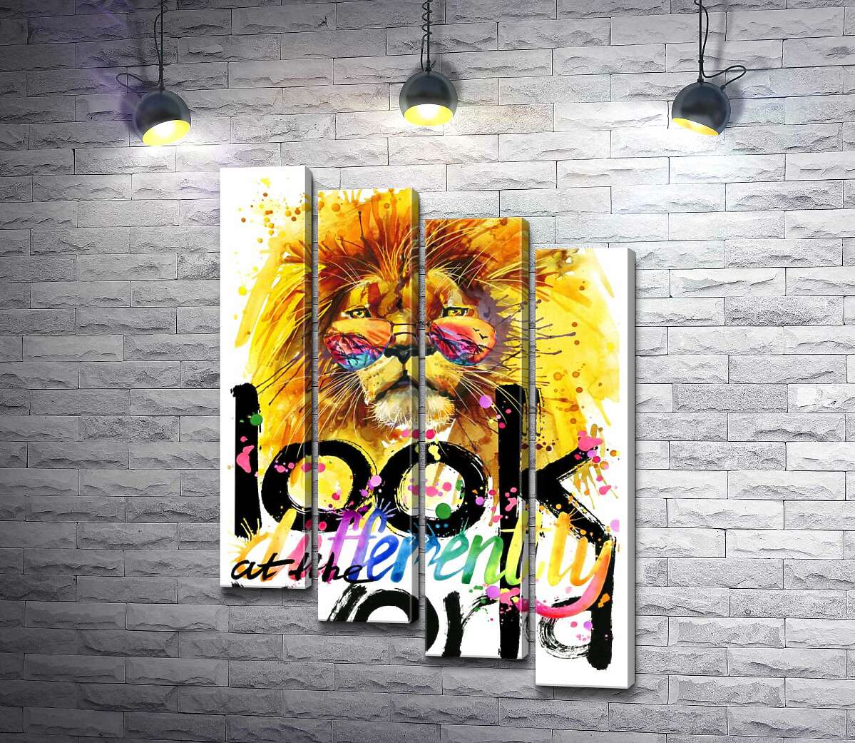 модульная картина Тропический лев с фразой "look at the world differently" (Модуль №19)