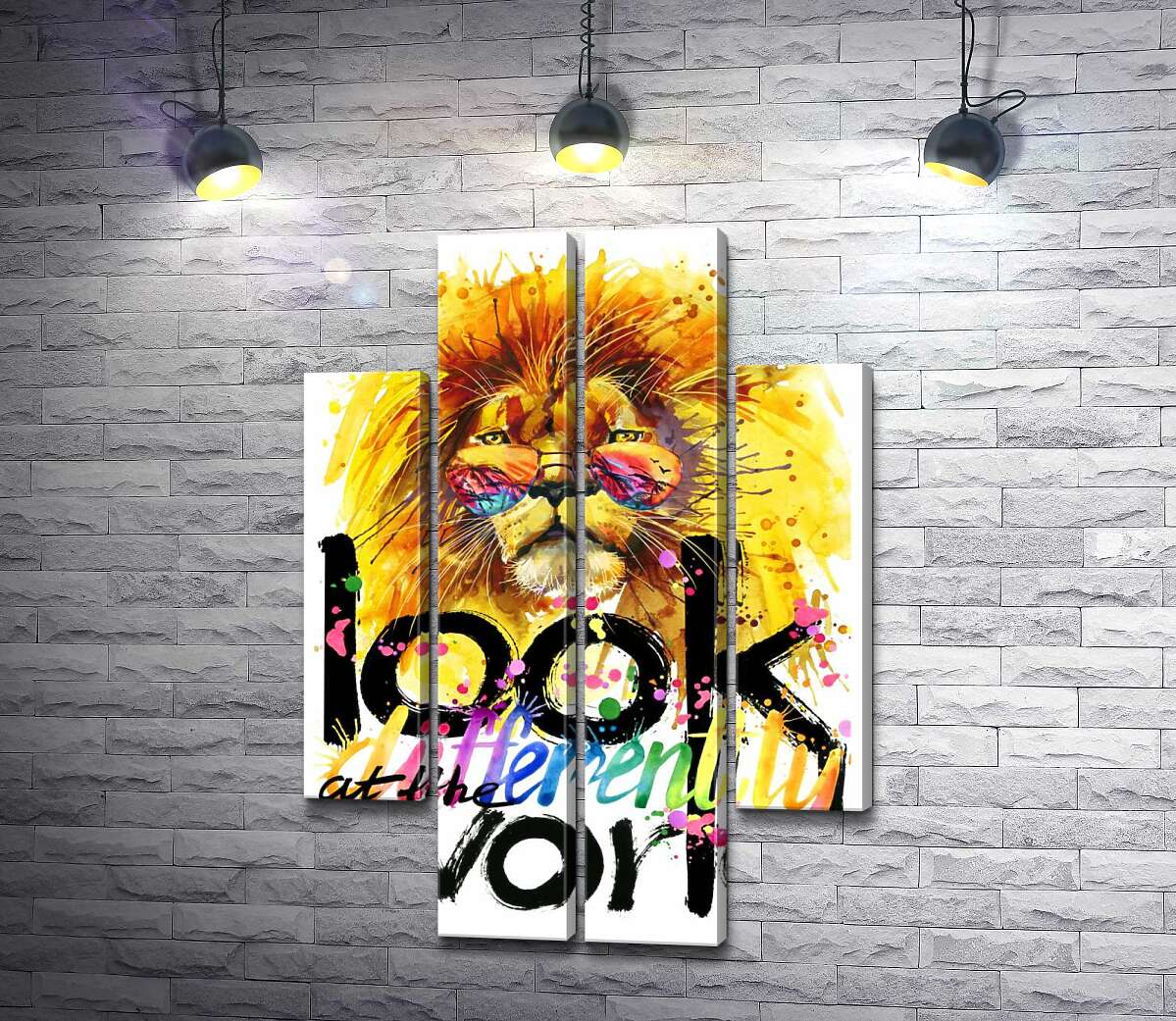 модульная картина Тропический лев с фразой "look at the world differently" (Модуль №20)